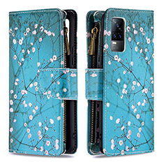 Leather Case Stands Fashionable Pattern Flip Cover Holder B04F for Vivo V21e 4G Cyan