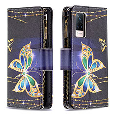 Leather Case Stands Fashionable Pattern Flip Cover Holder B04F for Vivo V21s 5G Black