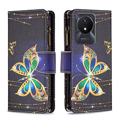 Leather Case Stands Fashionable Pattern Flip Cover Holder B04F for Vivo Y02 Black