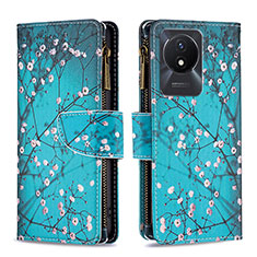 Leather Case Stands Fashionable Pattern Flip Cover Holder B04F for Vivo Y11 (2023) Cyan