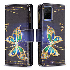 Leather Case Stands Fashionable Pattern Flip Cover Holder B04F for Vivo Y21 Black