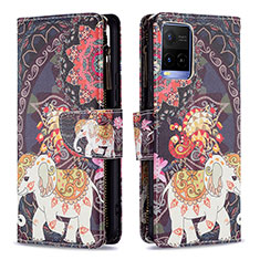 Leather Case Stands Fashionable Pattern Flip Cover Holder B04F for Vivo Y21G Brown