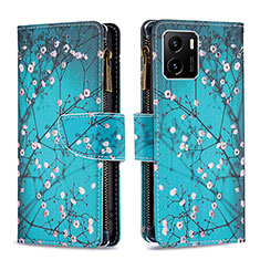 Leather Case Stands Fashionable Pattern Flip Cover Holder B04F for Vivo Y32t Cyan