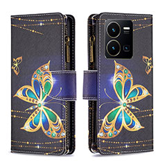 Leather Case Stands Fashionable Pattern Flip Cover Holder B04F for Vivo Y35 4G Black