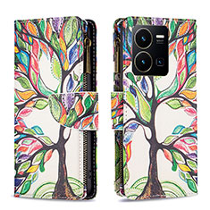 Leather Case Stands Fashionable Pattern Flip Cover Holder B04F for Vivo Y35 4G Green