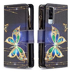 Leather Case Stands Fashionable Pattern Flip Cover Holder B04F for Vivo Y51 (2021) Black