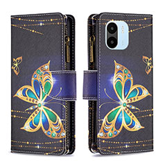 Leather Case Stands Fashionable Pattern Flip Cover Holder B04F for Xiaomi Poco C51 Black