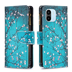 Leather Case Stands Fashionable Pattern Flip Cover Holder B04F for Xiaomi Poco C51 Cyan