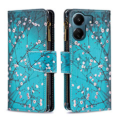 Leather Case Stands Fashionable Pattern Flip Cover Holder B04F for Xiaomi Poco C65 Cyan