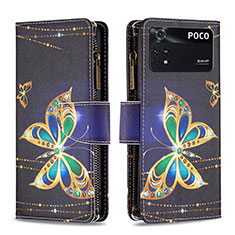 Leather Case Stands Fashionable Pattern Flip Cover Holder B04F for Xiaomi Poco M4 Pro 4G Black