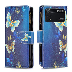 Leather Case Stands Fashionable Pattern Flip Cover Holder B04F for Xiaomi Poco M4 Pro 4G Blue