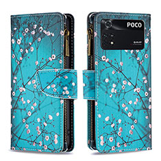 Leather Case Stands Fashionable Pattern Flip Cover Holder B04F for Xiaomi Poco M4 Pro 4G Cyan