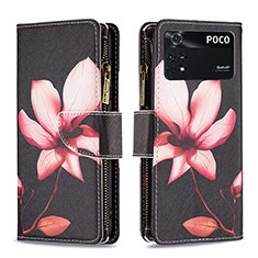 Leather Case Stands Fashionable Pattern Flip Cover Holder B04F for Xiaomi Poco M4 Pro 4G Red