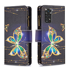 Leather Case Stands Fashionable Pattern Flip Cover Holder B04F for Xiaomi Redmi Note 11 4G (2022) Black