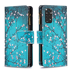 Leather Case Stands Fashionable Pattern Flip Cover Holder B04F for Xiaomi Redmi Note 11 4G (2022) Cyan