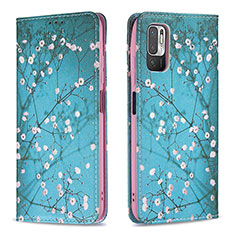 Leather Case Stands Fashionable Pattern Flip Cover Holder B05F for Xiaomi Redmi Note 10 5G Cyan