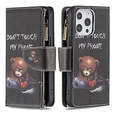 Leather Case Stands Fashionable Pattern Flip Cover Holder for Apple iPhone 15 Pro Max Black