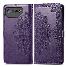 Leather Case Stands Fashionable Pattern Flip Cover Holder for Asus ROG Phone 7 Pro Purple