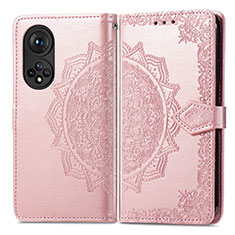 Leather Case Stands Fashionable Pattern Flip Cover Holder for Huawei Honor 50 5G Rose Gold