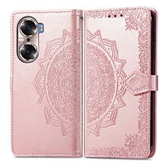 Leather Case Stands Fashionable Pattern Flip Cover Holder for Huawei Honor 60 5G Rose Gold