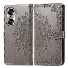 Leather Case Stands Fashionable Pattern Flip Cover Holder for Huawei Honor 60 Pro 5G Gray