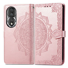 Leather Case Stands Fashionable Pattern Flip Cover Holder for Huawei Honor 80 5G Rose Gold