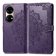 Leather Case Stands Fashionable Pattern Flip Cover Holder for Huawei P50 Purple