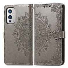 Leather Case Stands Fashionable Pattern Flip Cover Holder for OnePlus 9 5G Gray