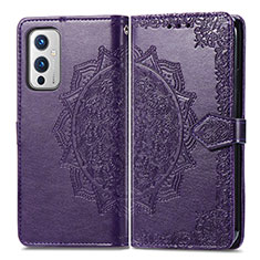 Leather Case Stands Fashionable Pattern Flip Cover Holder for OnePlus 9 5G Purple