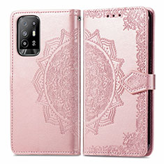 Leather Case Stands Fashionable Pattern Flip Cover Holder for Oppo A94 5G Rose Gold