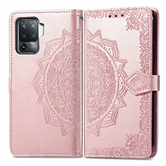 Leather Case Stands Fashionable Pattern Flip Cover Holder for Oppo Reno5 F Rose Gold