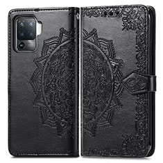 Leather Case Stands Fashionable Pattern Flip Cover Holder for Oppo Reno5 Lite Black