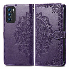 Leather Case Stands Fashionable Pattern Flip Cover Holder for Oppo Reno6 5G Purple