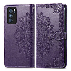 Leather Case Stands Fashionable Pattern Flip Cover Holder for Oppo Reno6 Pro 5G India Purple