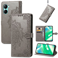 Leather Case Stands Fashionable Pattern Flip Cover Holder for Realme C33 (2023) Gray