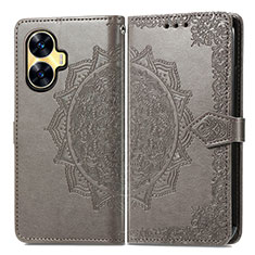 Leather Case Stands Fashionable Pattern Flip Cover Holder for Realme C55 Gray