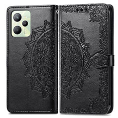 Leather Case Stands Fashionable Pattern Flip Cover Holder for Realme Narzo 50A Prime Black