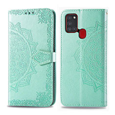 Leather Case Stands Fashionable Pattern Flip Cover Holder for Samsung Galaxy A21s Green