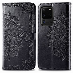 Leather Case Stands Fashionable Pattern Flip Cover Holder for Samsung Galaxy S20 Ultra 5G Black