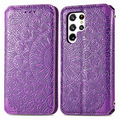 Leather Case Stands Fashionable Pattern Flip Cover Holder for Samsung Galaxy S21 Ultra 5G Purple