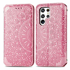 Leather Case Stands Fashionable Pattern Flip Cover Holder for Samsung Galaxy S21 Ultra 5G Rose Gold