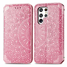 Leather Case Stands Fashionable Pattern Flip Cover Holder for Samsung Galaxy S23 Ultra 5G Rose Gold