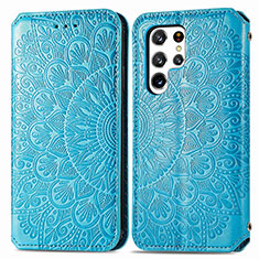 Leather Case Stands Fashionable Pattern Flip Cover Holder for Samsung Galaxy S24 Ultra 5G Blue