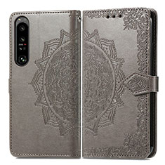 Leather Case Stands Fashionable Pattern Flip Cover Holder for Sony Xperia 1 IV SO-51C Gray