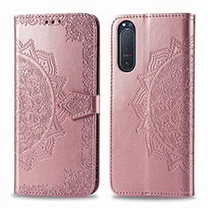 Leather Case Stands Fashionable Pattern Flip Cover Holder for Sony Xperia 5 II Rose Gold