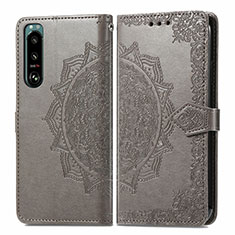Leather Case Stands Fashionable Pattern Flip Cover Holder for Sony Xperia 5 III SO-53B Gray