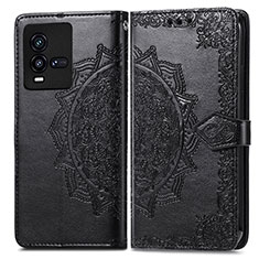 Leather Case Stands Fashionable Pattern Flip Cover Holder for Vivo iQOO 9T 5G Black