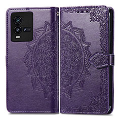 Leather Case Stands Fashionable Pattern Flip Cover Holder for Vivo iQOO 9T 5G Purple