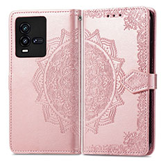 Leather Case Stands Fashionable Pattern Flip Cover Holder for Vivo iQOO 9T 5G Rose Gold