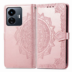 Leather Case Stands Fashionable Pattern Flip Cover Holder for Vivo iQOO Z6 Lite 5G Rose Gold